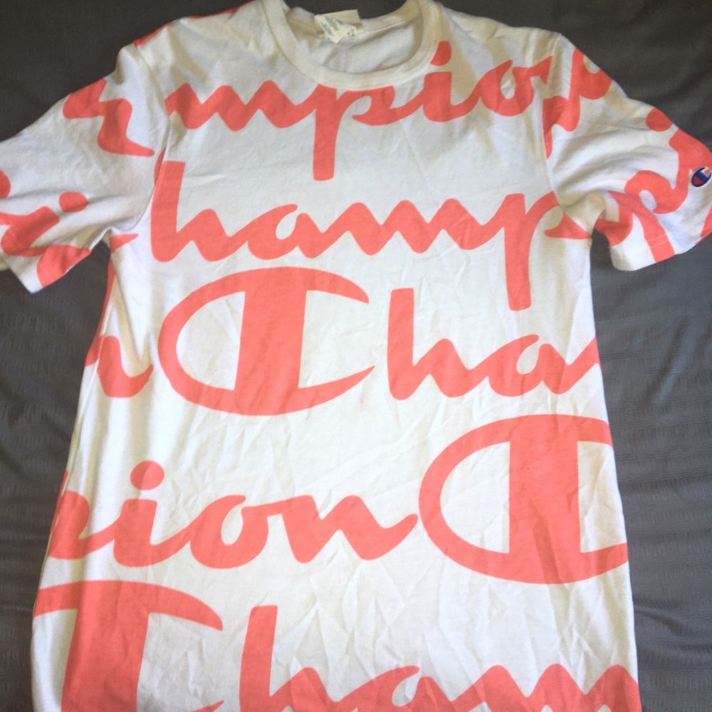 White Champion T Shirt with Orange Writing
